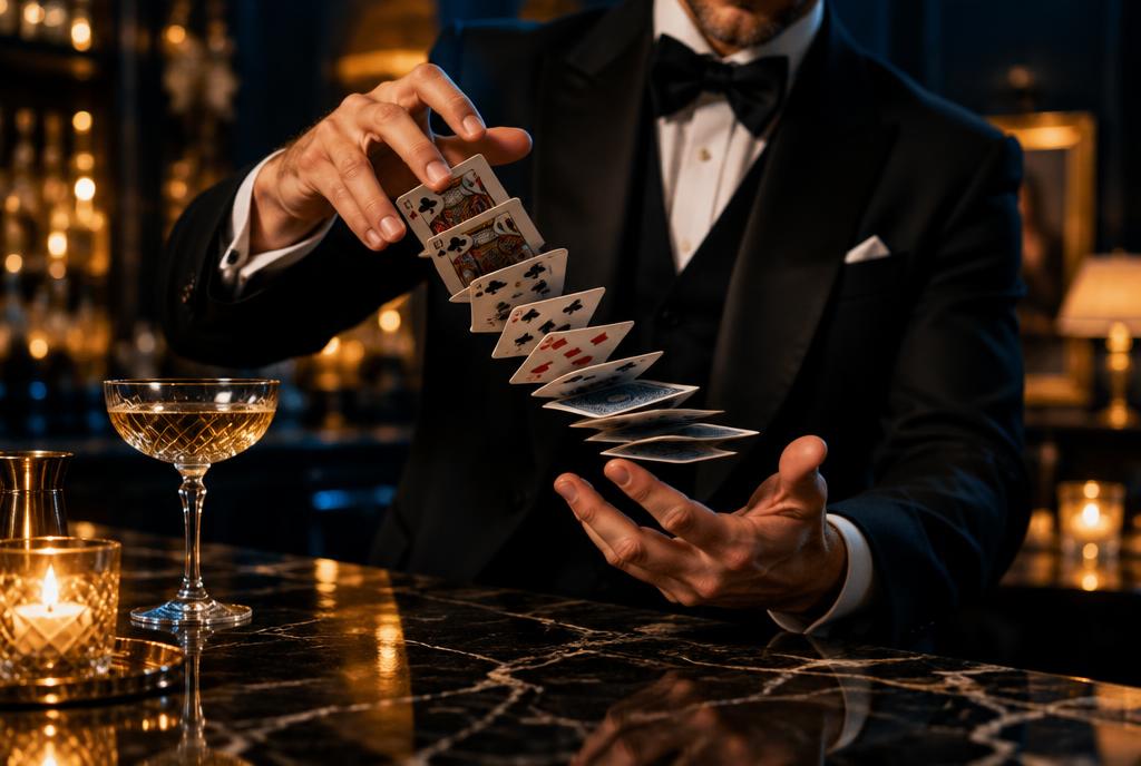 A magician in a black tuxedo cascading playing cards above a marble bar beside a glass of champagne