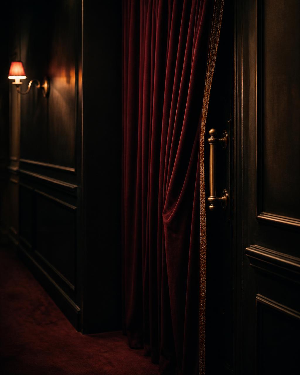 A burgundy velvet curtain beside a brass door handle